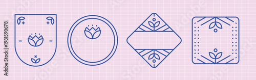 Minimalist floral emblems with geometric shapes. Floral designs in circles, diamonds, and squares. Simple floral motifs in geometric patterns. Element with copy space, vector set.