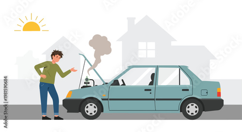 Frustrated man looking at a smoking car engine on a flat suburban street graphic
