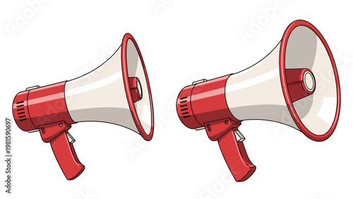 Two red and white megaphones shown from slightly different angles for communication and announcements on a clean white background.