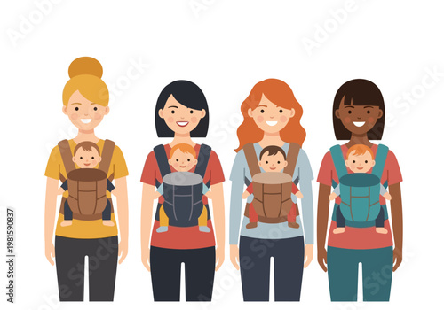 Diverse Group of Happy Mothers Carrying Babies in Slings and Carriers Illustration - Flat Vector Parenting and Motherhood Concept