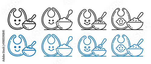 Baby Feeding Icon Set. Bib, Bowl with Spoon, and Food, Black and Blue Outline Styles.