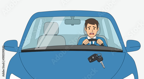 Stressed businessman in a blue car realizes his keys are left on the outer hood