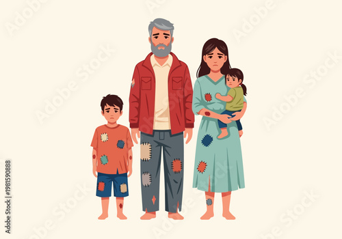 Poor Family in Tattered Patched Clothes Representing Poverty and Social Inequality Illustration