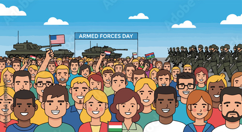 Diverse people celebrate Armed Forces Day with military parade and big vehicles