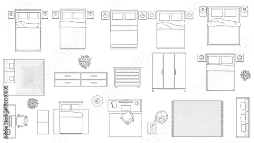 Top View Bedroom Furniture CAD Symbols Set, 2D Floor Plan Vector Icons for Interior Design Layout and Sleeping Room Planning