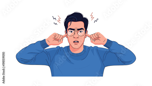 Distressed young man wearing glasses covering his ears with his fingers to block out loud noises or stressful sounds.