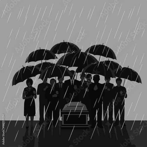 Mourners silhouetted with umbrellas around a coffin during a somber rainstorm