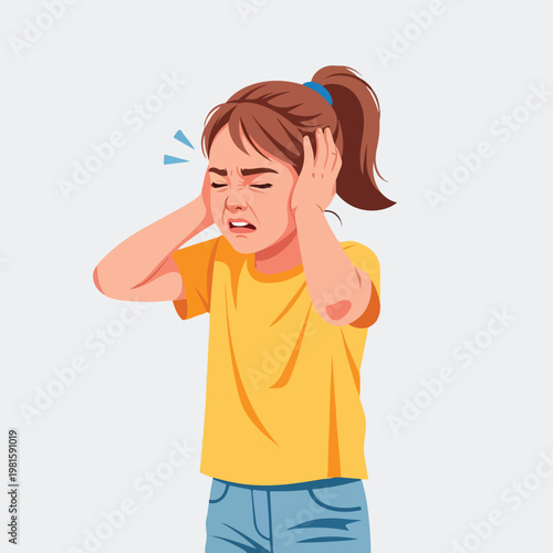 A distressed young girl covering her ears with hands due to painful loud noises