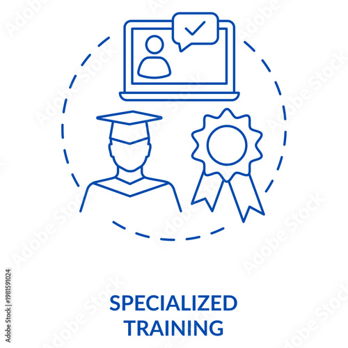 Specialized Training Icon: A clean, concise graphic illustrates the core of specialized training, featuring a graduate, a laptop with a checkmark, and a badge. It represents the essence of modern.