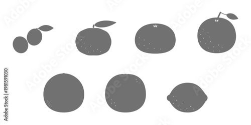 柑橘類7種のシンプルなモノクロアイコンセット