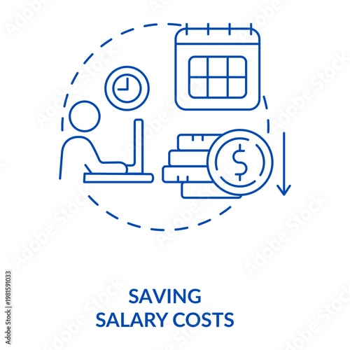 Saving Salary Costs: A minimalist illustration of a person working, calendar and coin represents the act of saving salary costs, the icon reflects financial discipline and strategic management.