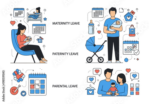 Maternity, Paternity, and Parental Leave Concept Illustration with Icons for Family Planning and Childcare Support