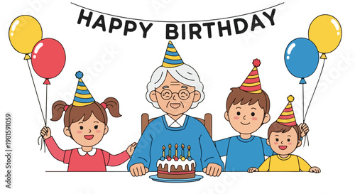 A happy grandmother celebrates birthday with three grandchildren, cake and hats