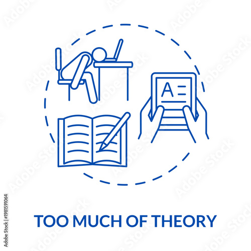 Too much theory: A conceptual illustration depicting the struggle of overemphasis on theoretical knowledge. It shows a student overwhelmed with book, laptop, and tablet. 