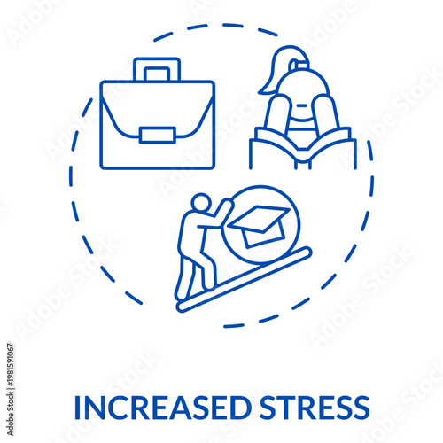 Stress Icons: A visual representation of stress, featuring a briefcase, a person with their head in their hands, and a person pushing a graduation cap up a hill.
