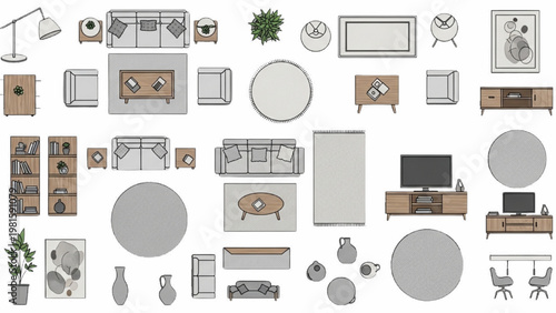Living Room Furniture Top View CAD Icons Collection, 2D Floor Plan Symbols for Interior Design Layout and Home Space Planning