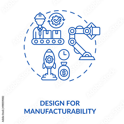 Design for Manufacturability: A visually engaging illustration showcasing the concept of 'Design for Manufacturability,' with a focus on streamlining processes, with a factory worker, robotic arm.