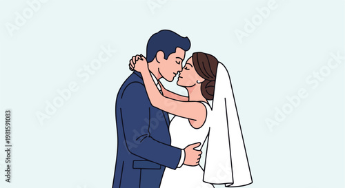 Minimalist illustration of a bride and groom in a romantic wedding day embrace