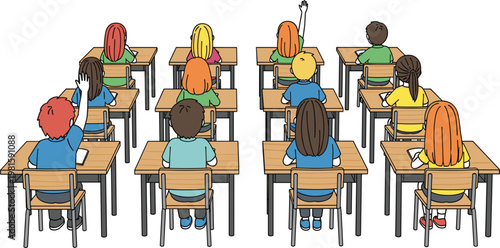 Vector illustration of students sitting at desks in a classroom with some raising hands to participate during a school lesson or lecture.