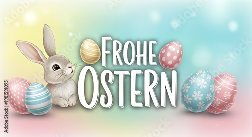 Easter bunny with colorful eggs and frohe ostern text on gradient background