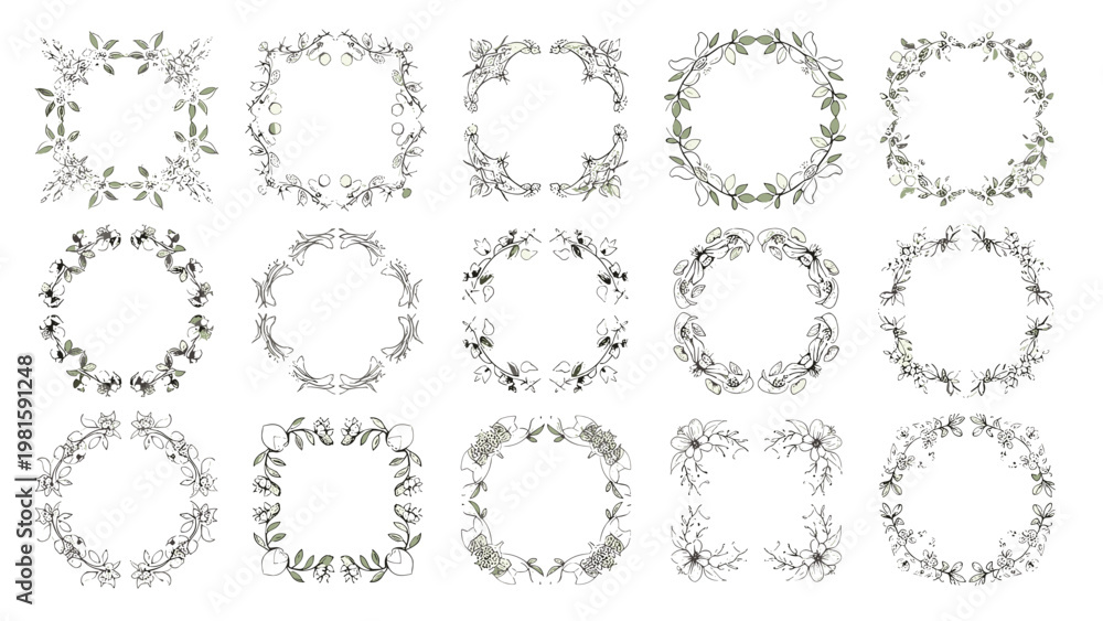 Fototapeta premium Elegant collection of hand-drawn floral wreaths and frames with delicate leaves and flowers for wedding or invitation designs.