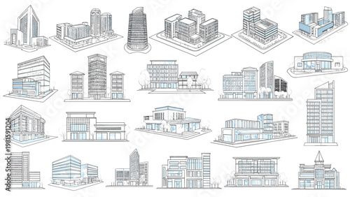 Large set of modern building architectural sketches and line drawings showing skyscrapers residential complexes and offices.