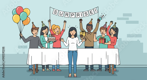 Happy friends throw surprise birthday party for a shocked young woman with cake