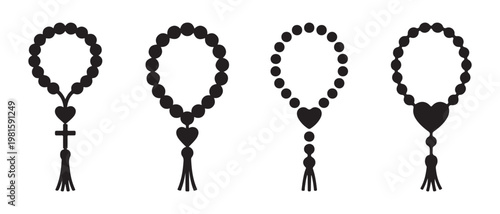 Set of black silhouette rosaries with heart pendants and tassels, on white background.
