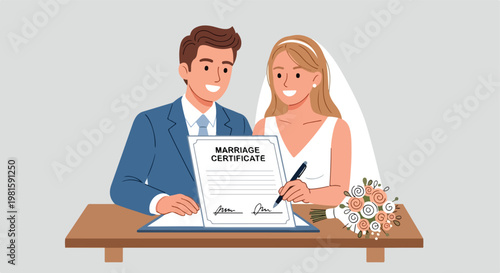 Happy newlywed couple signing an official marriage certificate at a wooden desk