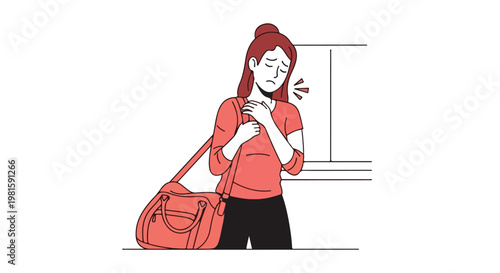 Sad young woman with a large red travel bag feeling motion sickness on a subway