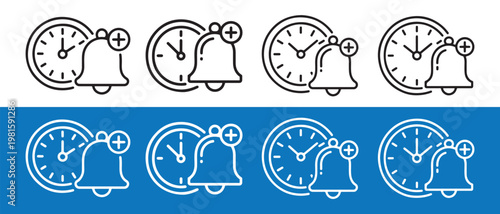 Time Reminder and Notification Bell Icon Set. in Line Art Style on White and Blue Backgrounds.