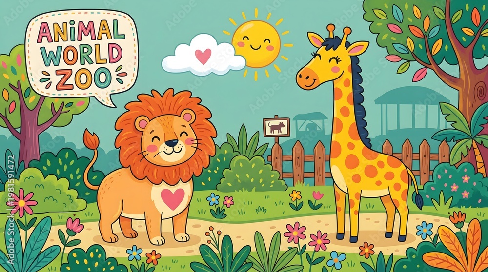 Obraz premium Colorful Cartoon Illustration of Animals in a Happy Zoo Landscape