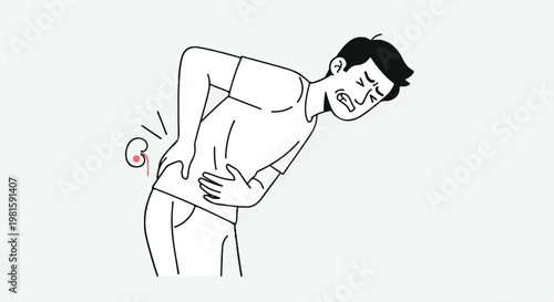 Line art of a man suffering from kidney pain while clutching his lower back area