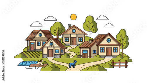 Idyllic village landscape with cozy small houses winding paths green trees and a person fishing in a small pond in the foreground.