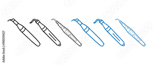 Set of Dental Scaler and Explorer Tools, Line Art Collection with Black and Blue Outlines.