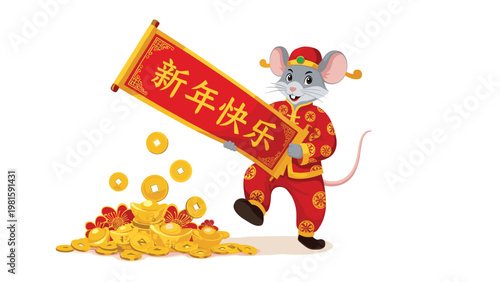 Cute cartoon rat celebrating Chinese New Year by holding a red scroll with traditional gold coins and ingots on a white background.