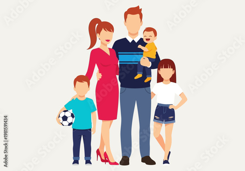 Happy Family of Five Vector Illustration - Parents with Son, Daughter, and Baby in Flat Design Style