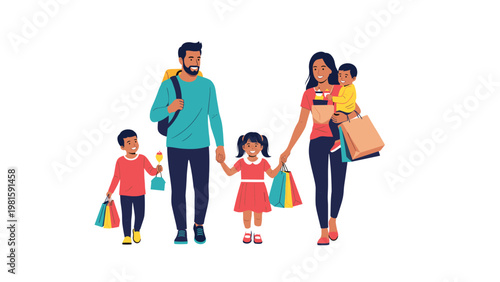 Happy young family walking together carrying colorful shopping bags after a successful day of retail therapy and fashion buying.