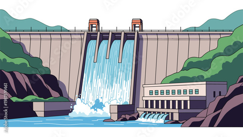 Hydroelectric power plant dam with large amounts of water cascading down the spillway into a river surrounded by rocky mountains.