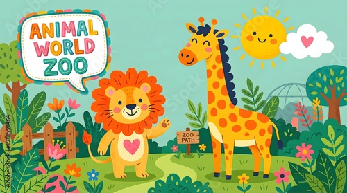 Cute Cartoon Style Zoo Animals Illustration with Path and Landscape