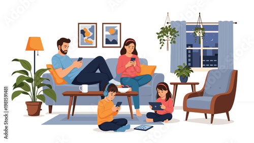 Family of four sitting in their living room together while each person is distracted by their own individual mobile device or tablet.