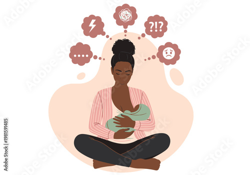 Postpartum Depression and Mental Health Concept Illustration of a Black Mother Breastfeeding Her Newborn Baby While Feeling Stressed, Anxious, and Emotionally Overwhelmed