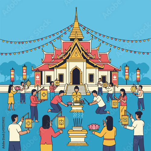 People celebrate traditional lantern festivals at ornate temples under blue sky