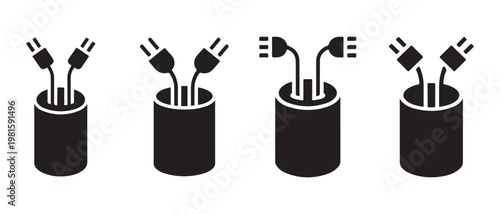 Set of electrical plugs with cables in containers, symbolizing energy and connectivity.