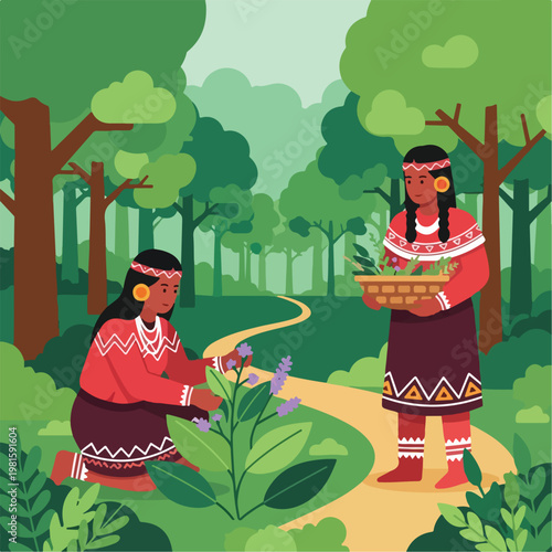 Indigenous women gathering medicinal plants and herbs in a lush green forest