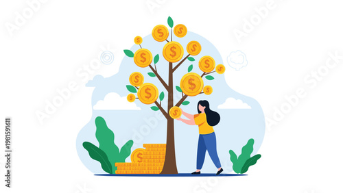 Young woman picking gold coins from a large flourishing money tree representing wealth accumulation, financial success, and prosperous growth.