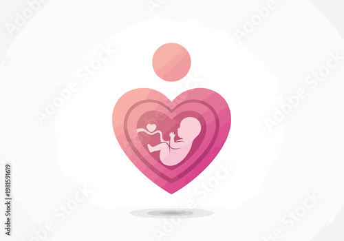 Pregnancy and Motherhood Concept Illustration with Fetus Inside a Heart Shaped Womb; Symbolizing Prenatal Care, Fertility, Maternal Health, and New Life.