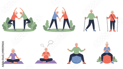 Group of active senior citizens participating in different health and wellness activities including yoga, nordic walking, and gymnastics exercises.