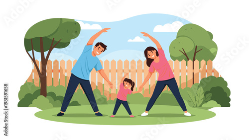Happy family consisting of a father, mother, and young daughter performing stretching exercises together in their green backyard on a sunny day.