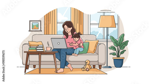 Young mother working from home on a laptop while sitting on a comfortable sofa with her small child in a cozy and modern living room setting.